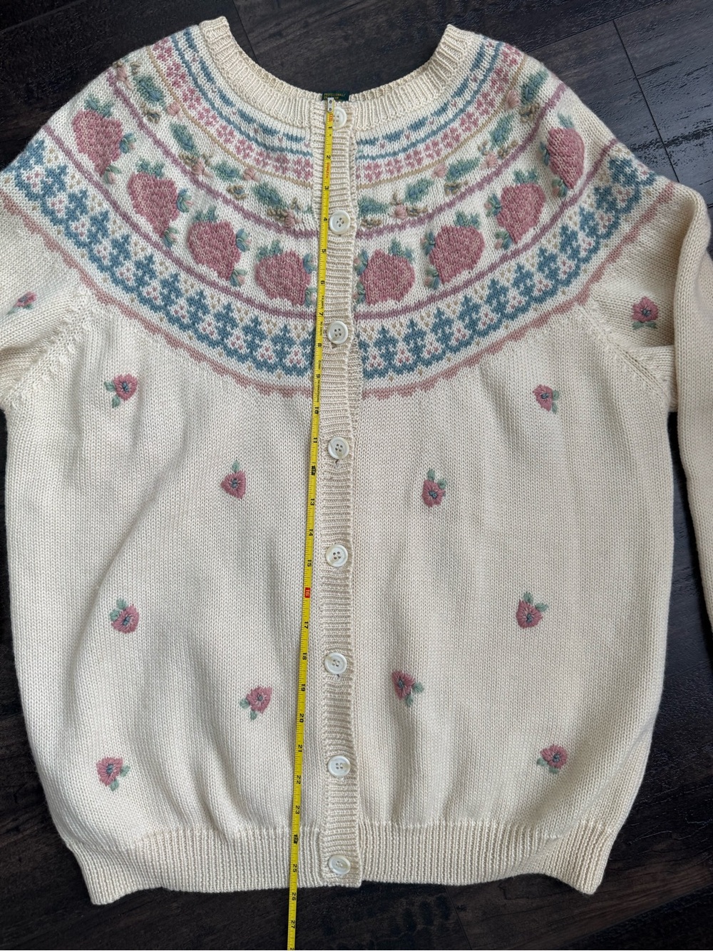 Vintage Charter Club 100% Wool Rose Fair Isle Cardigan Floral Sweater L - Picture 8 of 12